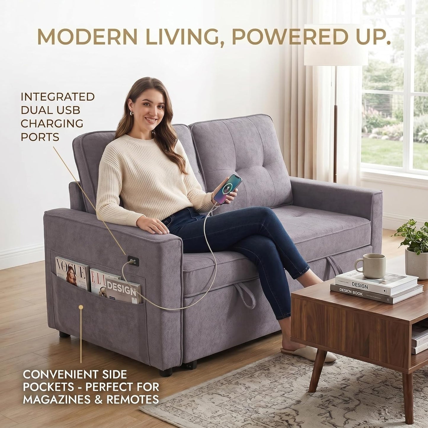 Convertible Sofa Bed for Small Spaces – 53” Loveseat Sleeper Sofa with Pull-Out Couch, Reclining Backrest, USB Port & Storage – Light Gray