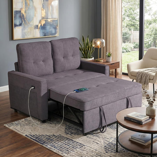 Convertible Sofa Bed for Small Spaces – 53” Loveseat Sleeper Sofa with Pull-Out Couch, Reclining Backrest, USB Port & Storage – Light Gray