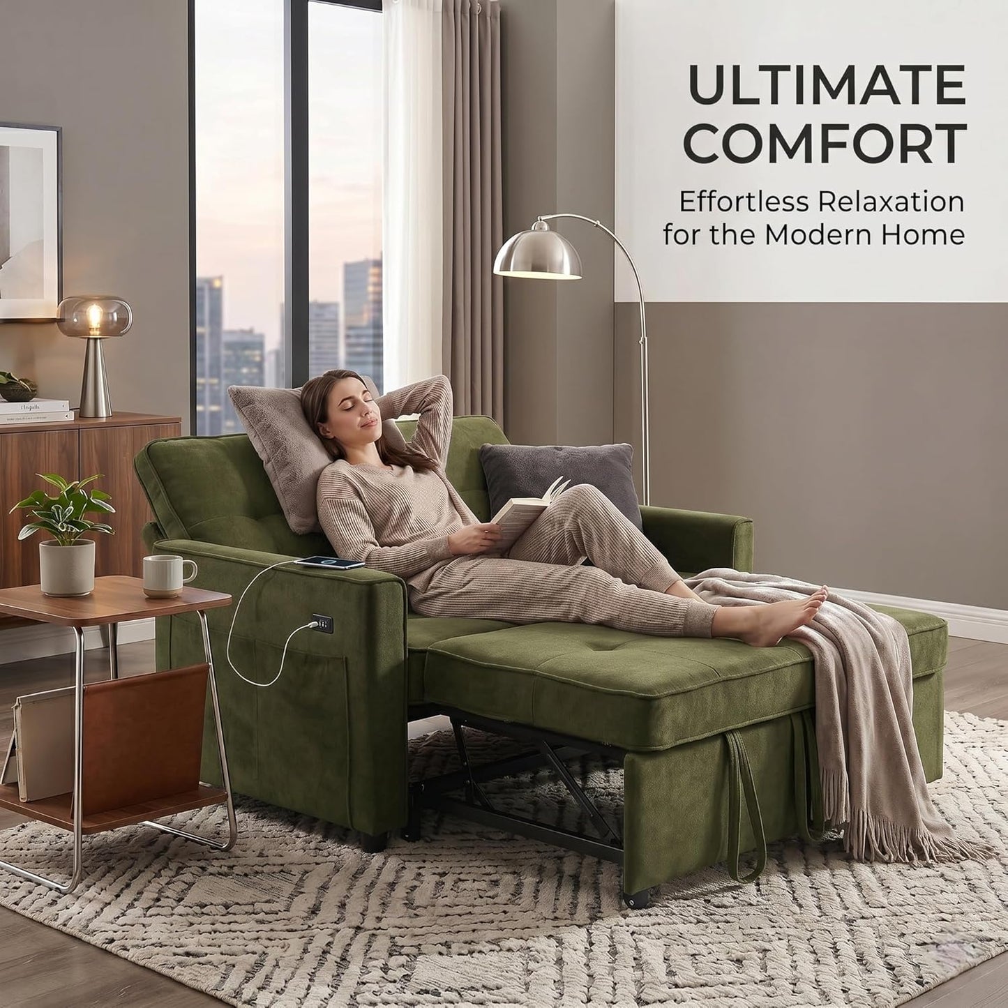 Convertible Sofa Bed for Small Spaces – 53” Loveseat Sleeper Sofa with Pull-Out Couch, Reclining Backrest, USB Port & Storage –Green