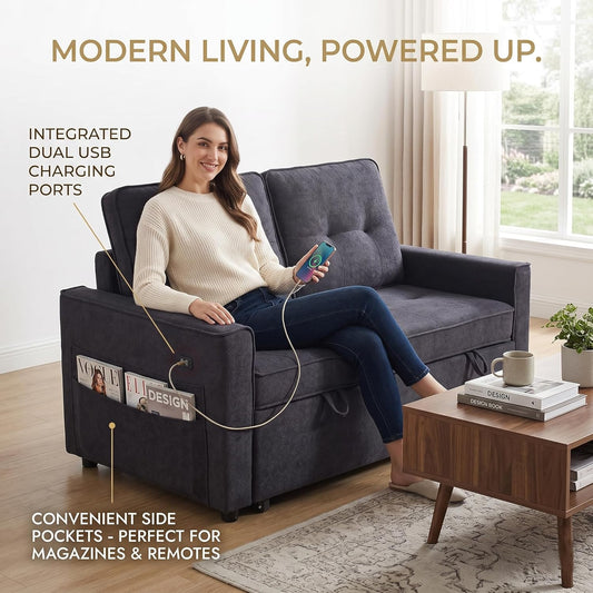 Convertible Sofa Bed for Small Spaces – 53” Loveseat Sleeper Sofa with Pull-Out Couch, Reclining Backrest, USB Port & Storage – Gray