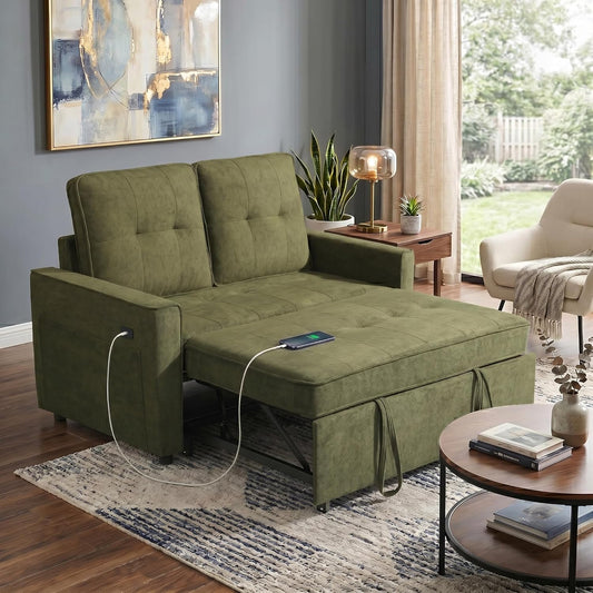 Convertible Sofa Bed for Small Spaces – 53” Loveseat Sleeper Sofa with Pull-Out Couch, Reclining Backrest, USB Port & Storage –Green