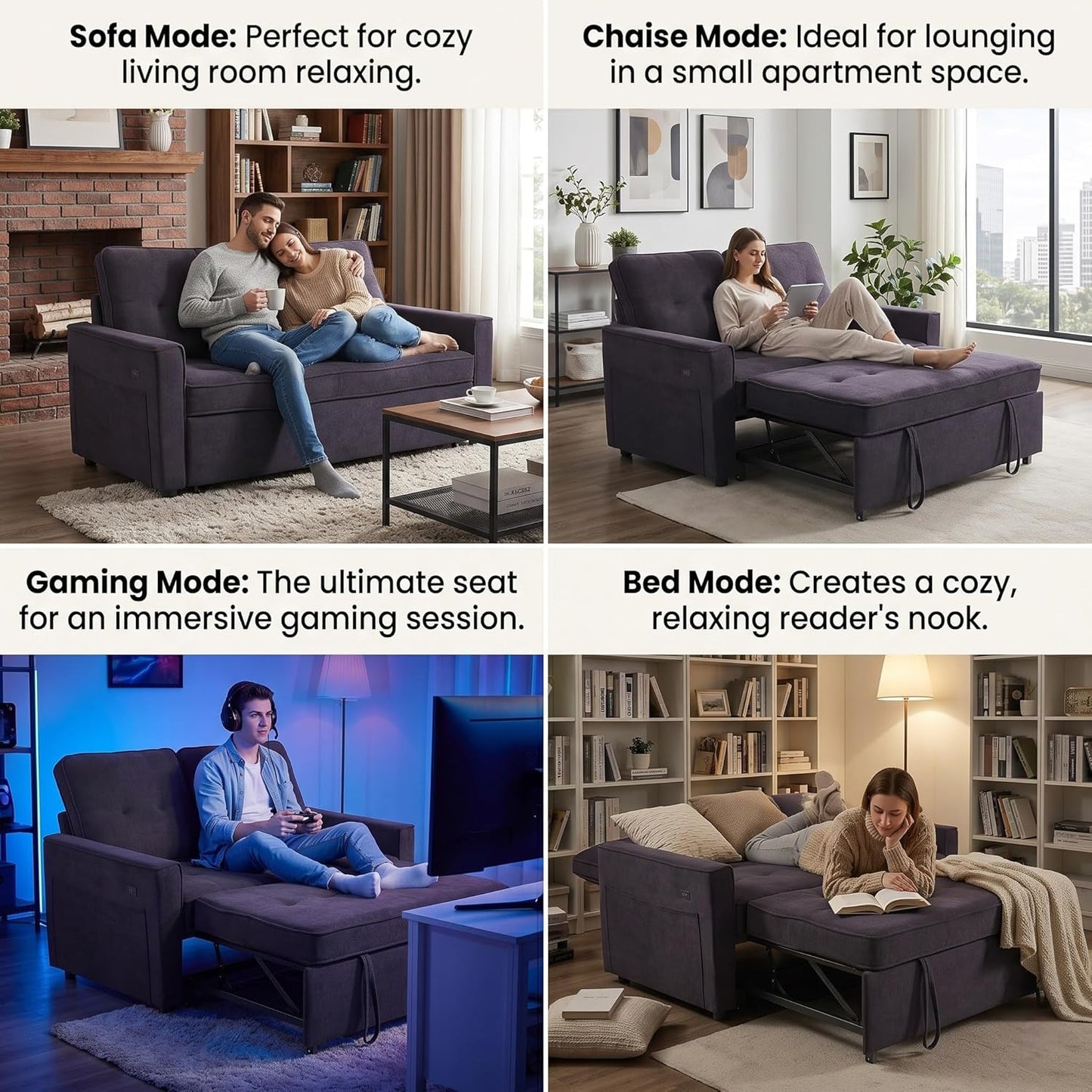 Convertible Sofa Bed for Small Spaces – 53” Loveseat Sleeper Sofa with Pull-Out Couch, Reclining Backrest, USB Port & Storage – Black