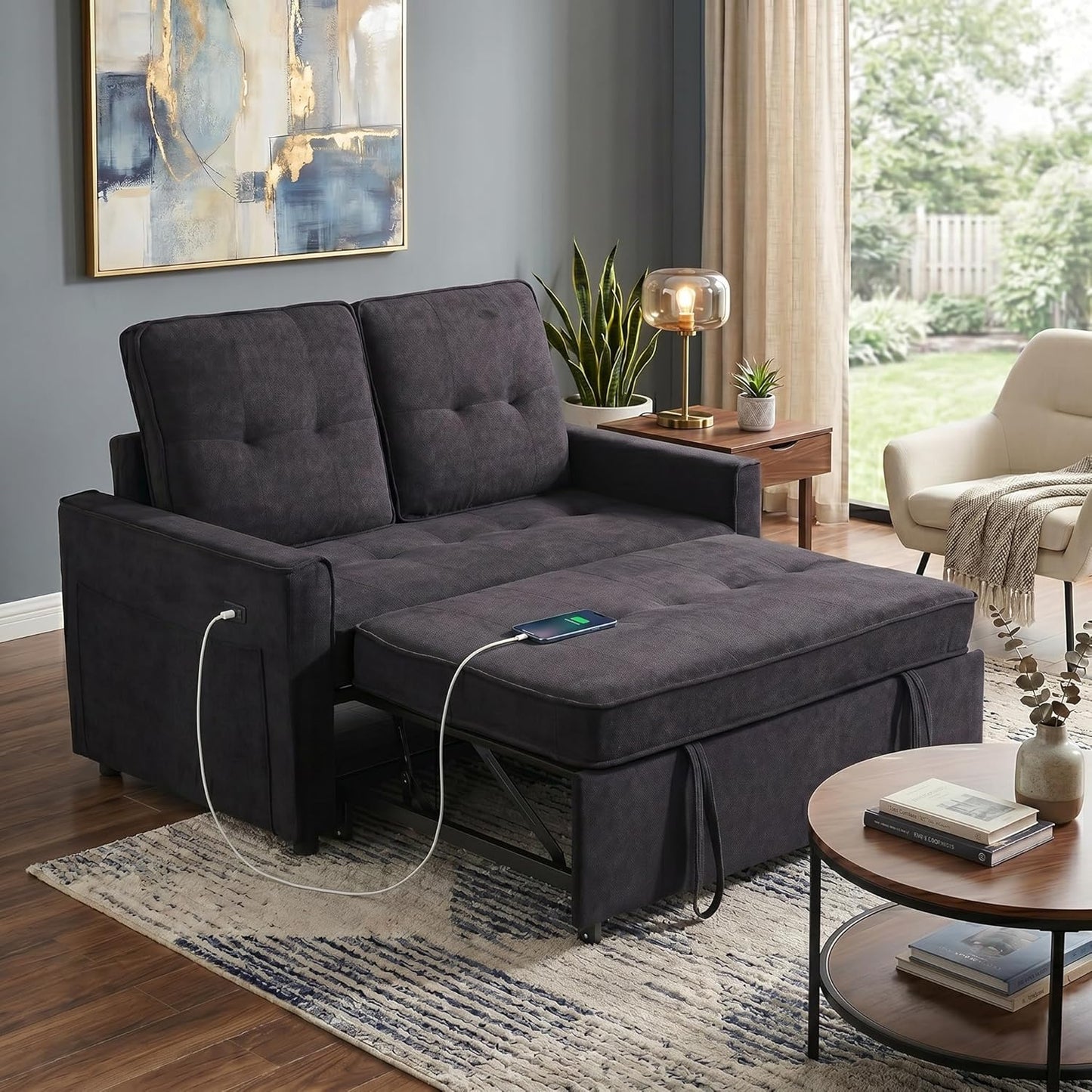 Convertible Sofa Bed for Small Spaces – 53” Loveseat Sleeper Sofa with Pull-Out Couch, Reclining Backrest, USB Port & Storage – Black