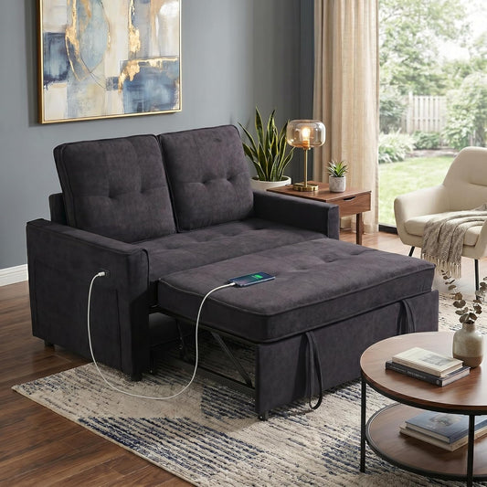 Convertible Sofa Bed for Small Spaces – 53” Loveseat Sleeper Sofa with Pull-Out Couch, Reclining Backrest, USB Port & Storage – Black