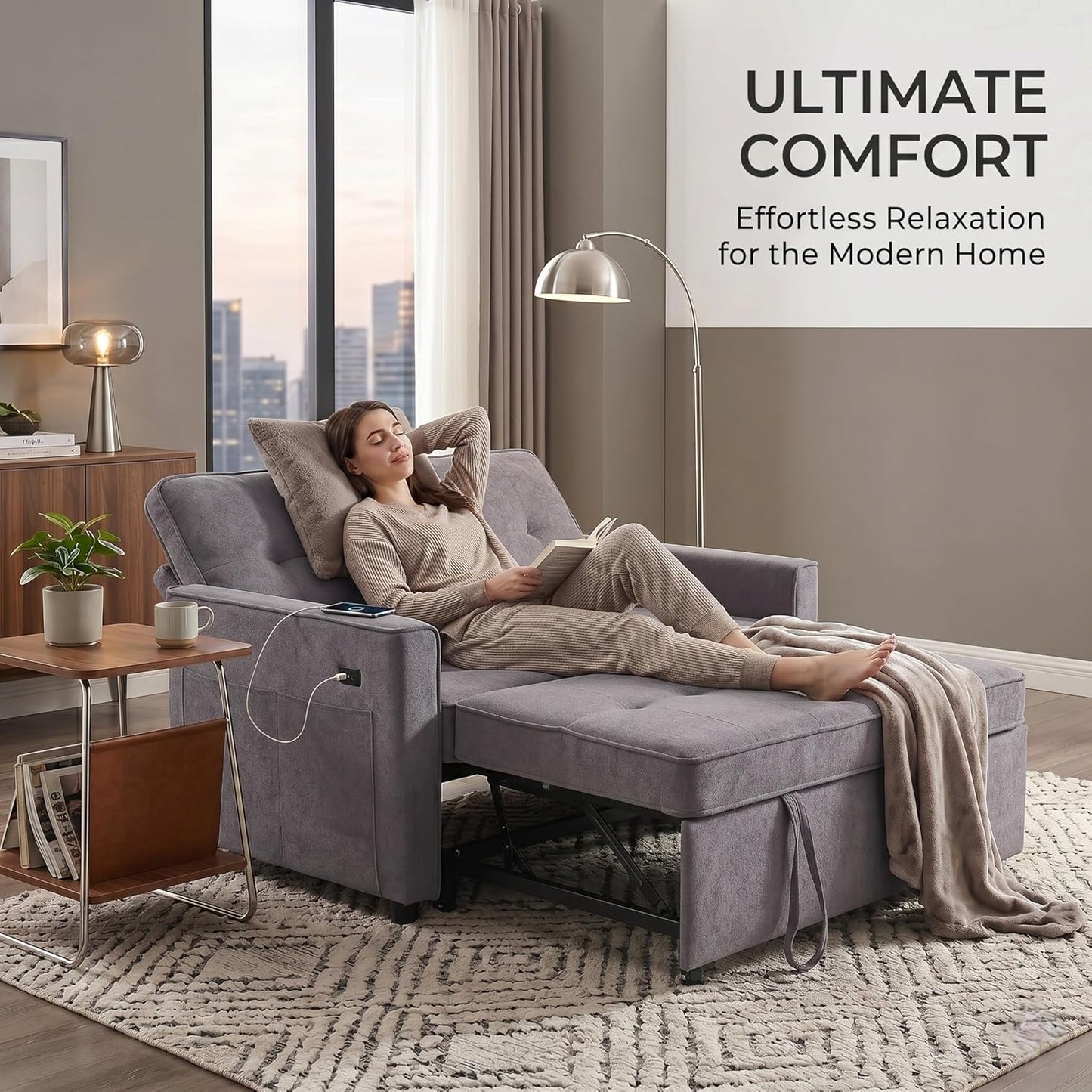 Convertible Sofa Bed for Small Spaces – 53” Loveseat Sleeper Sofa with Pull-Out Couch, Reclining Backrest, USB Port & Storage – Light Gray