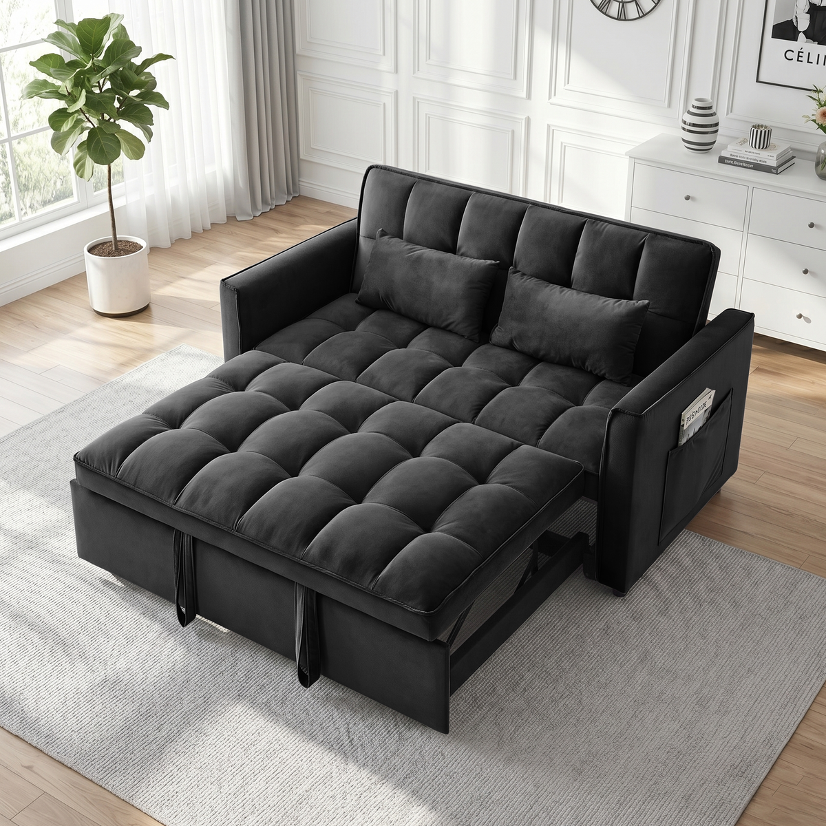XANDERO 55" Velvet 3-in-1 Convertible Sleeper Sofa, Black