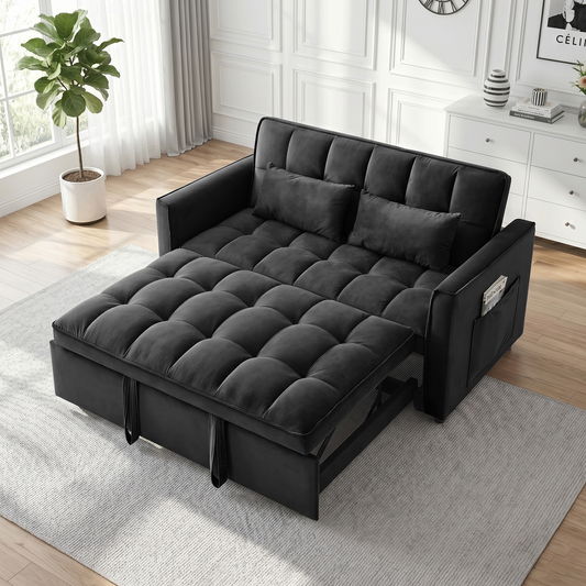 XANDERO 55" Velvet 3-in-1 Convertible Sleeper Sofa, Black