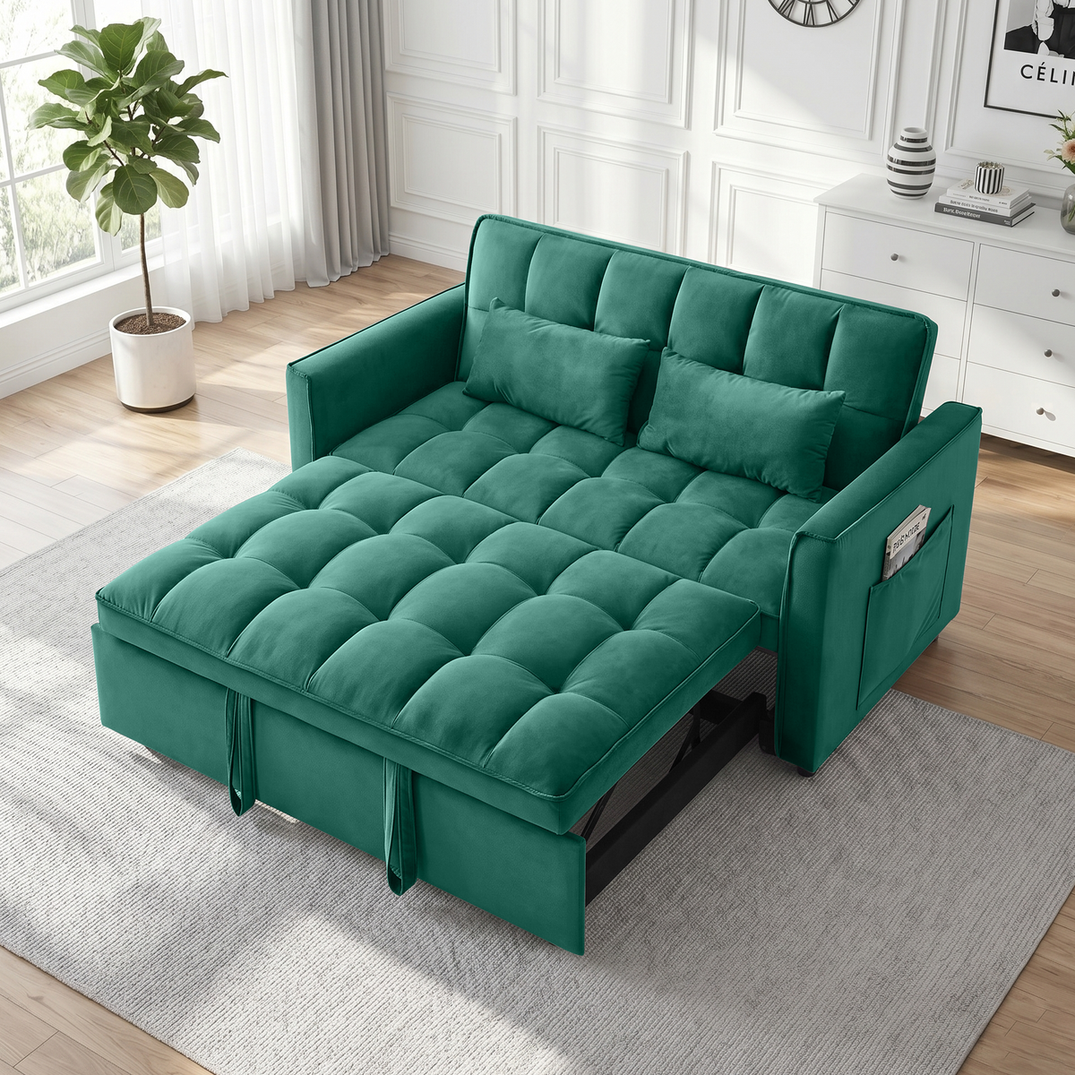 XANDERO 55" Velvet 3-in-1 Convertible Sleeper Sofa, Green