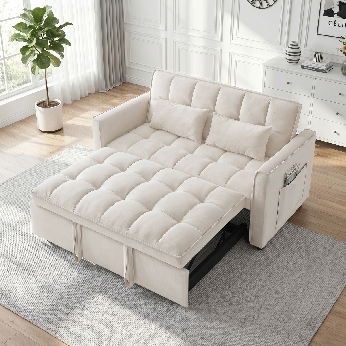 XANDERO 55" Velvet 3-in-1 Convertible Sleeper Sofa, Beige