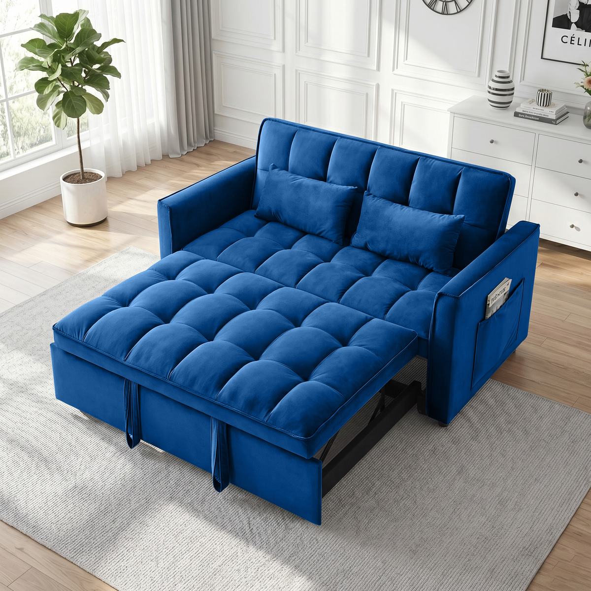XANDERO 55" Velvet 3-in-1 Convertible Sleeper Sofa, Blue