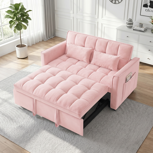 XANDERO 55" Velvet 3-in-1 Convertible Sleeper Sofa, Pink