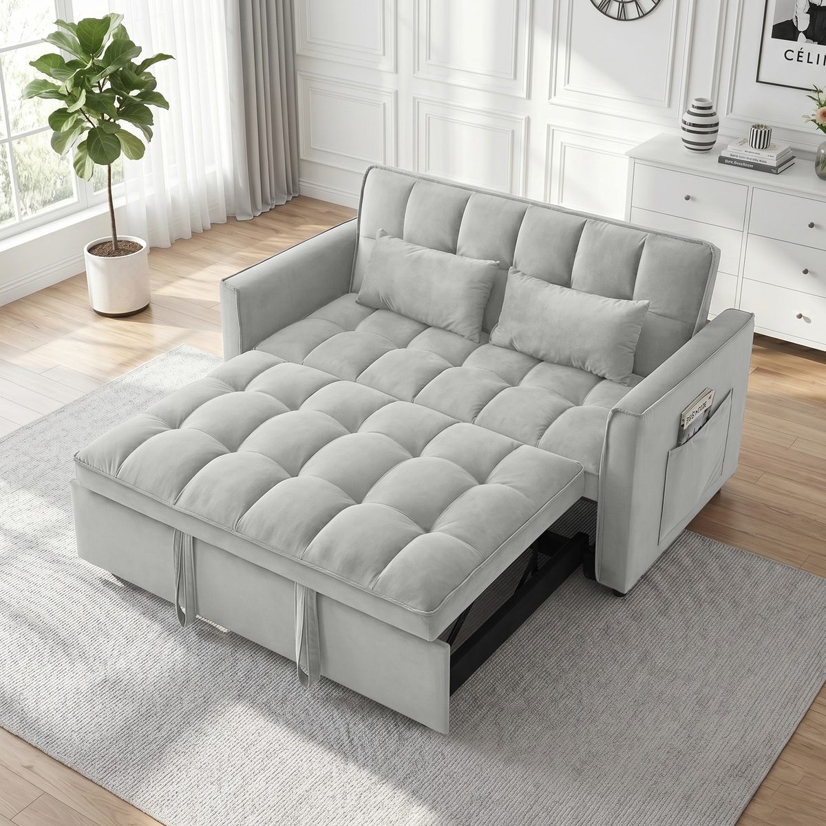 XANDERO 55" Velvet 3-in-1 Convertible Sleeper Sofa,Light Grey