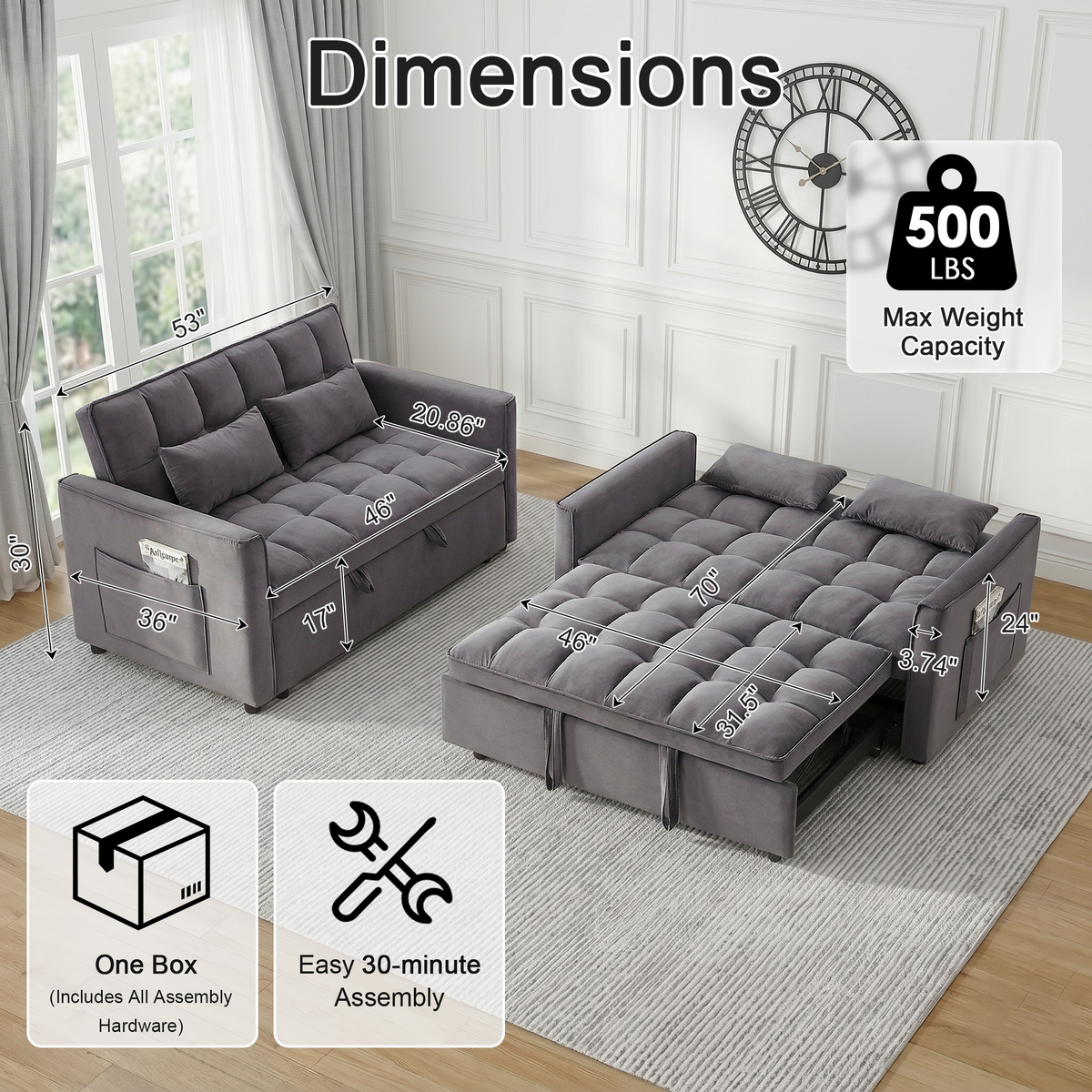 XANDERO 55" Velvet 3-in-1 Convertible Sleeper Sofa,Grey