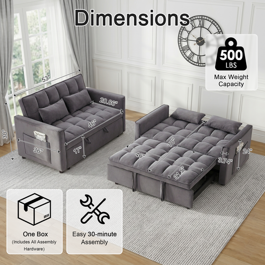 XANDERO 55" Velvet 3-in-1 Convertible Sleeper Sofa,Grey