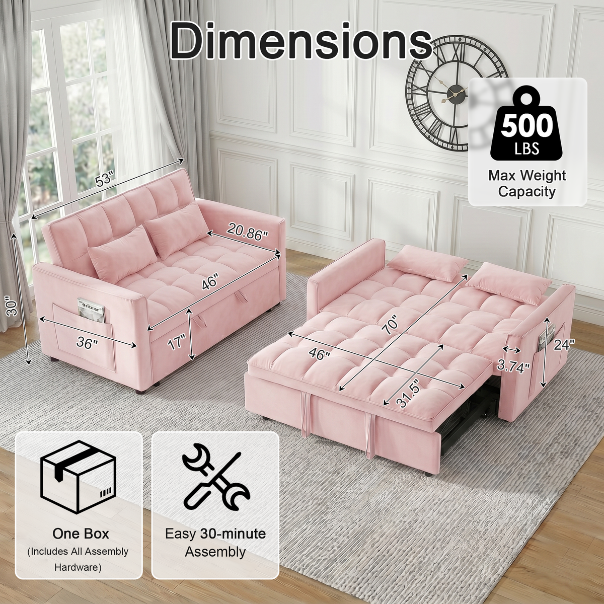 XANDERO 55" Velvet 3-in-1 Convertible Sleeper Sofa, Pink