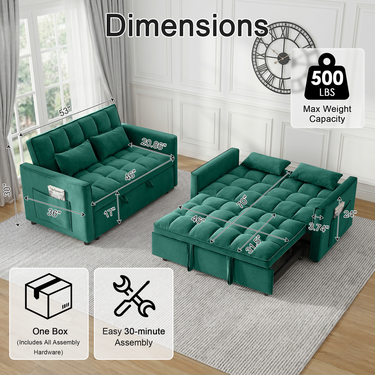 XANDERO 55" Velvet 3-in-1 Convertible Sleeper Sofa, Green