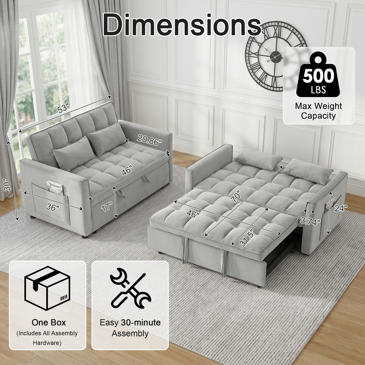 XANDERO 55" Velvet 3-in-1 Convertible Sleeper Sofa,Light Grey