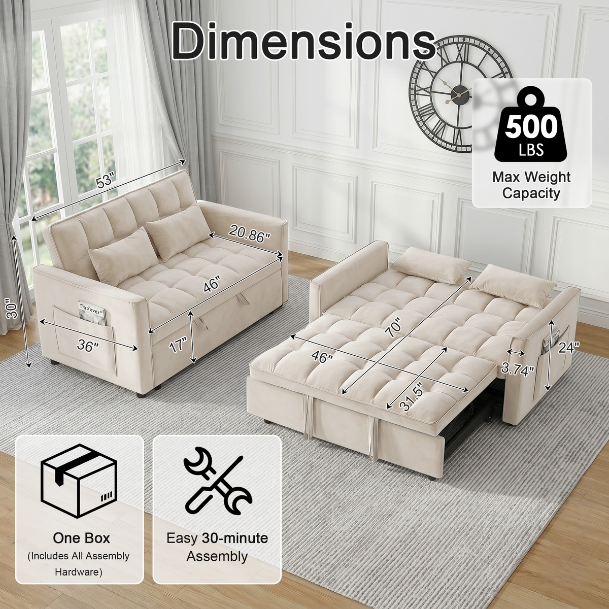 XANDERO 55" Velvet 3-in-1 Convertible Sleeper Sofa, Beige