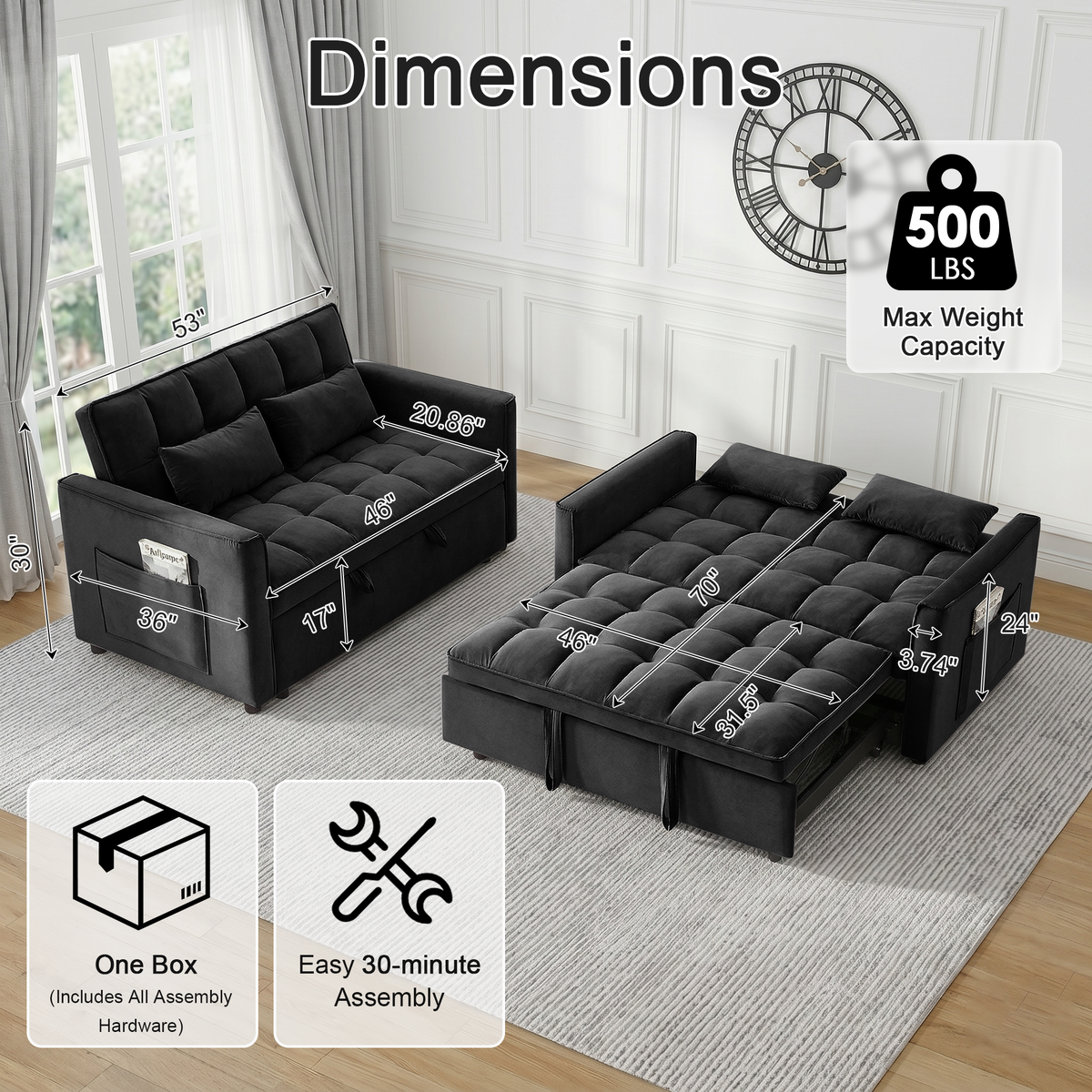 XANDERO 55" Velvet 3-in-1 Convertible Sleeper Sofa, Black