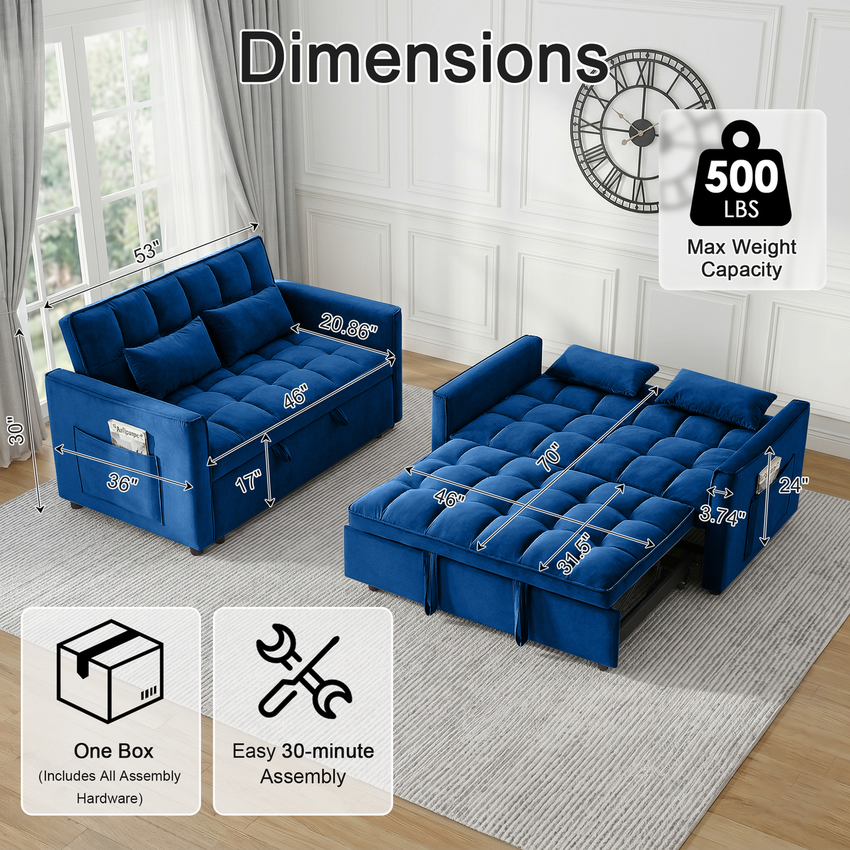 XANDERO 55" Velvet 3-in-1 Convertible Sleeper Sofa, Blue