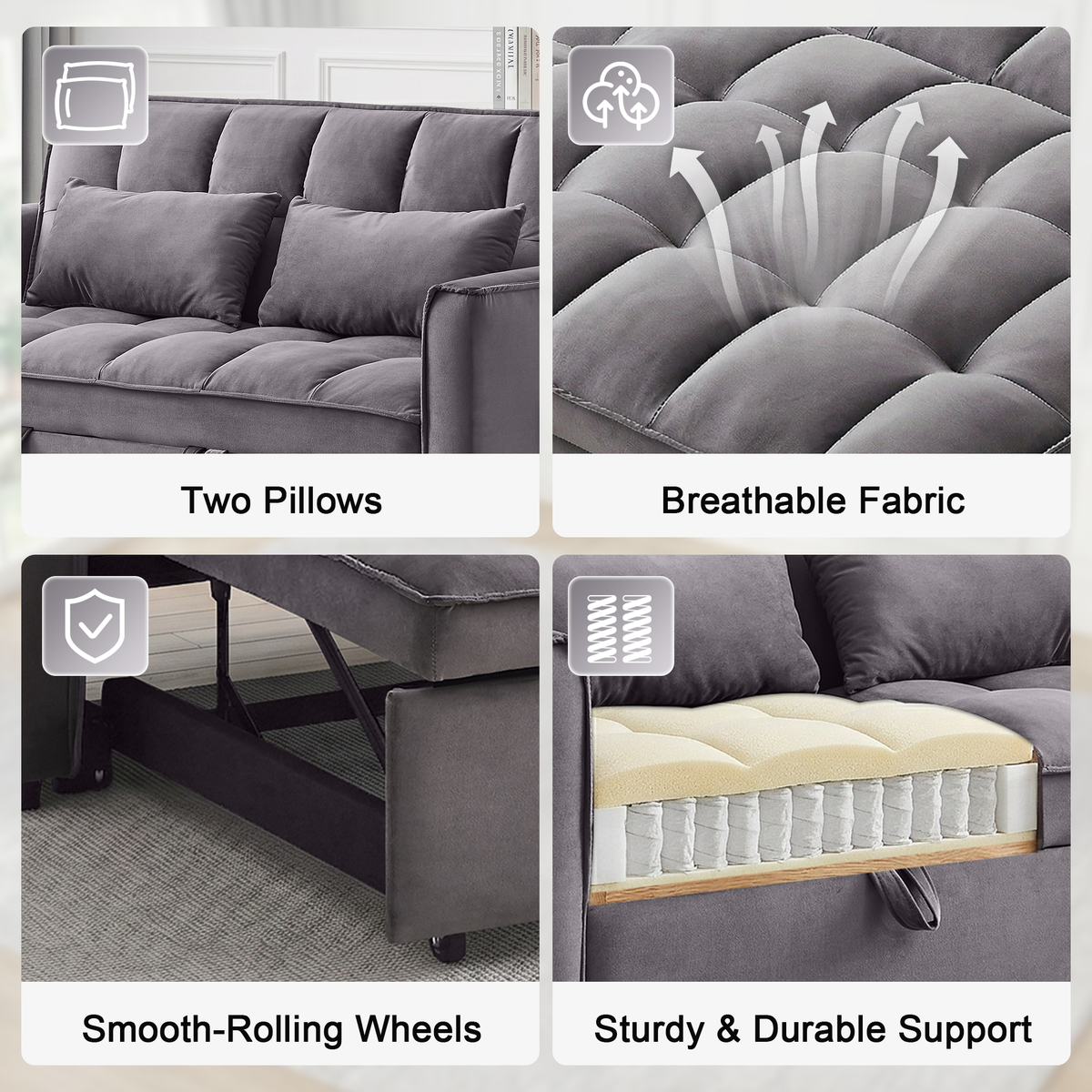 XANDERO 55" Velvet 3-in-1 Convertible Sleeper Sofa,Grey