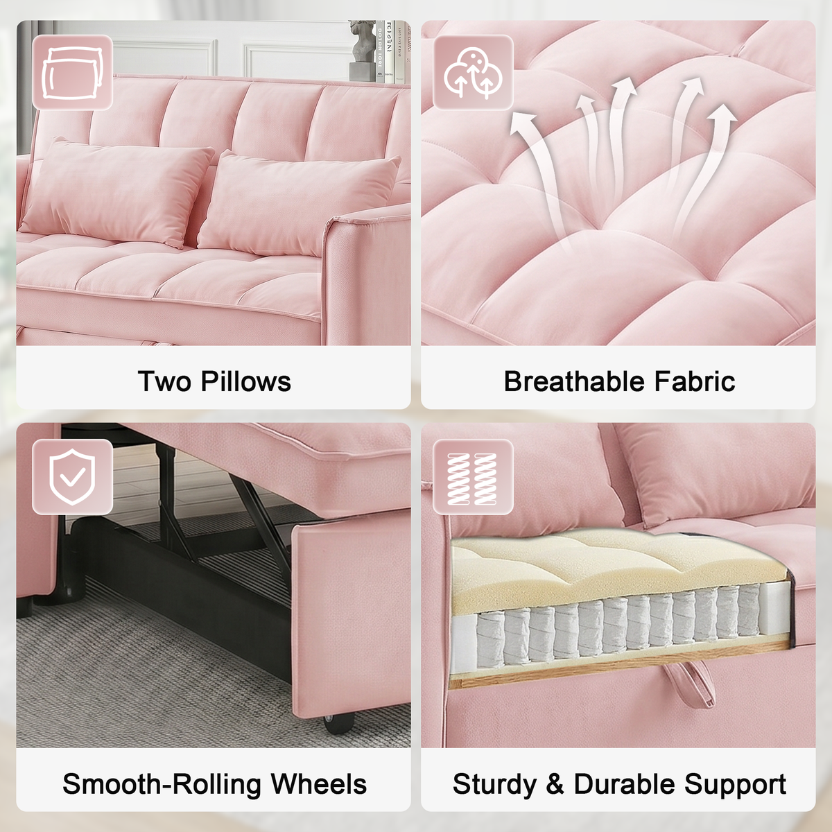 XANDERO 55" Velvet 3-in-1 Convertible Sleeper Sofa, Pink
