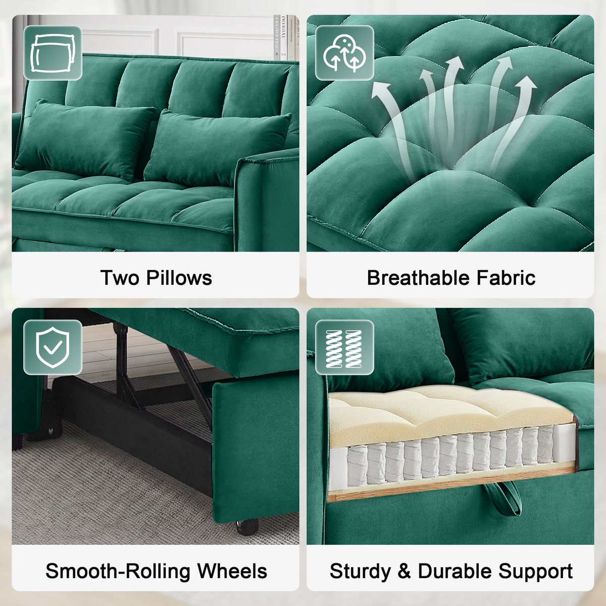 XANDERO 55" Velvet 3-in-1 Convertible Sleeper Sofa, Green