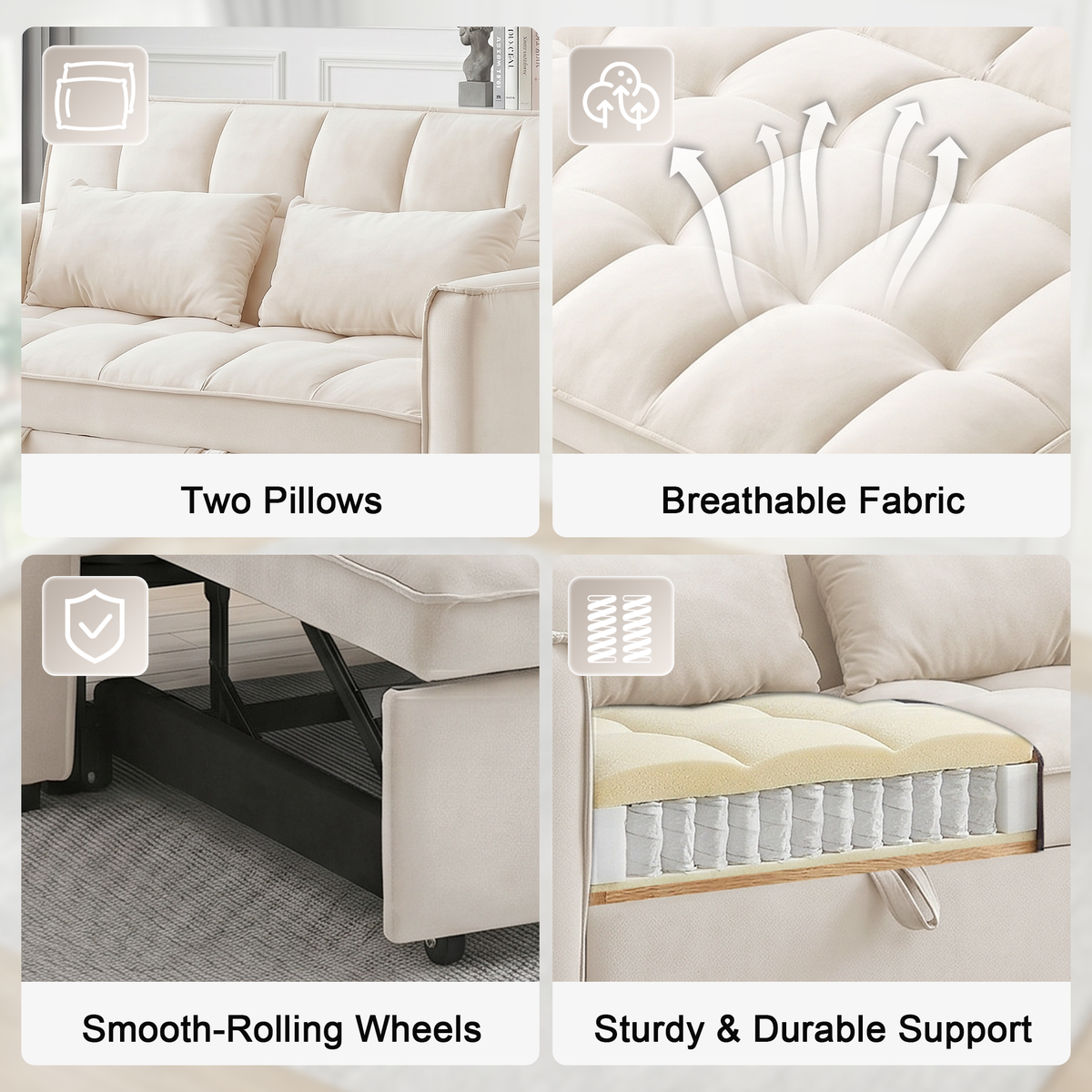 XANDERO 55" Velvet 3-in-1 Convertible Sleeper Sofa, Beige