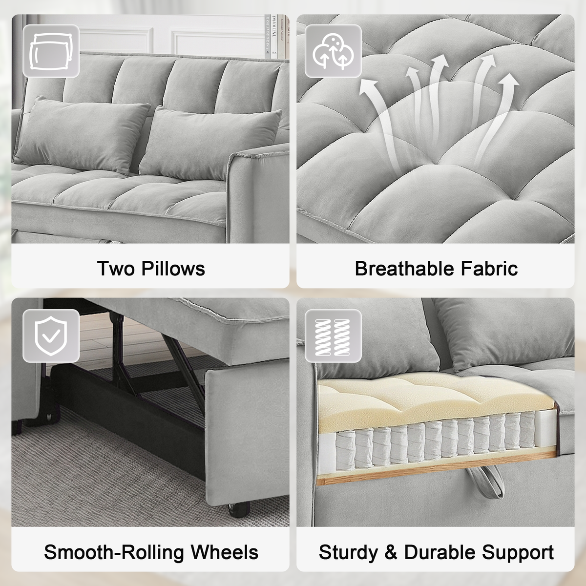 XANDERO 55" Velvet 3-in-1 Convertible Sleeper Sofa,Light Grey