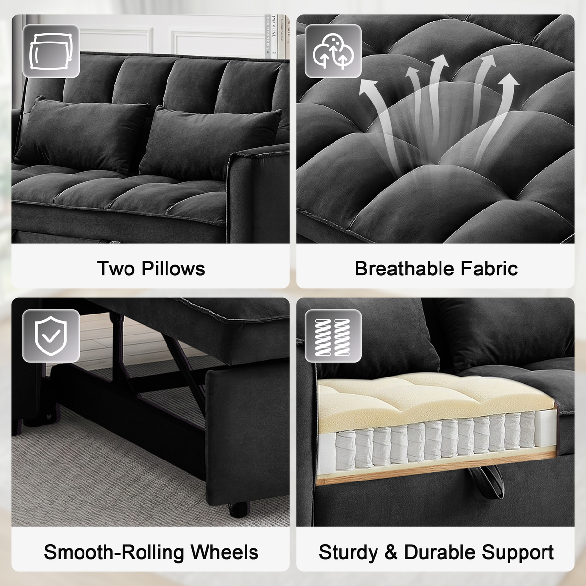 XANDERO 55" Velvet 3-in-1 Convertible Sleeper Sofa, Black