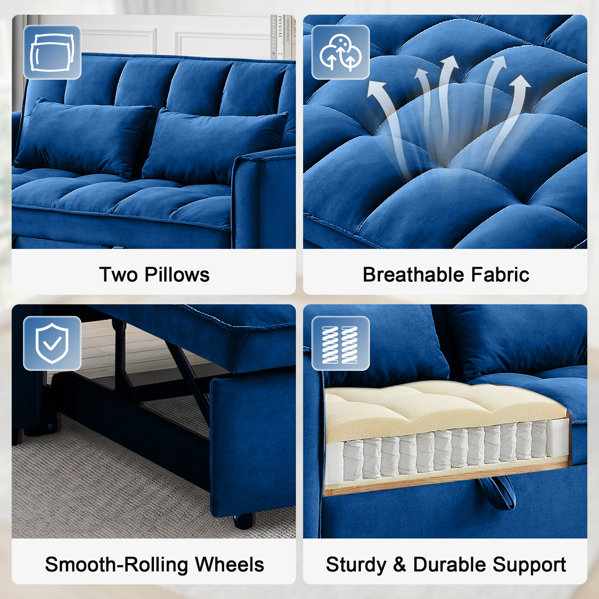 XANDERO 55" Velvet 3-in-1 Convertible Sleeper Sofa, Blue