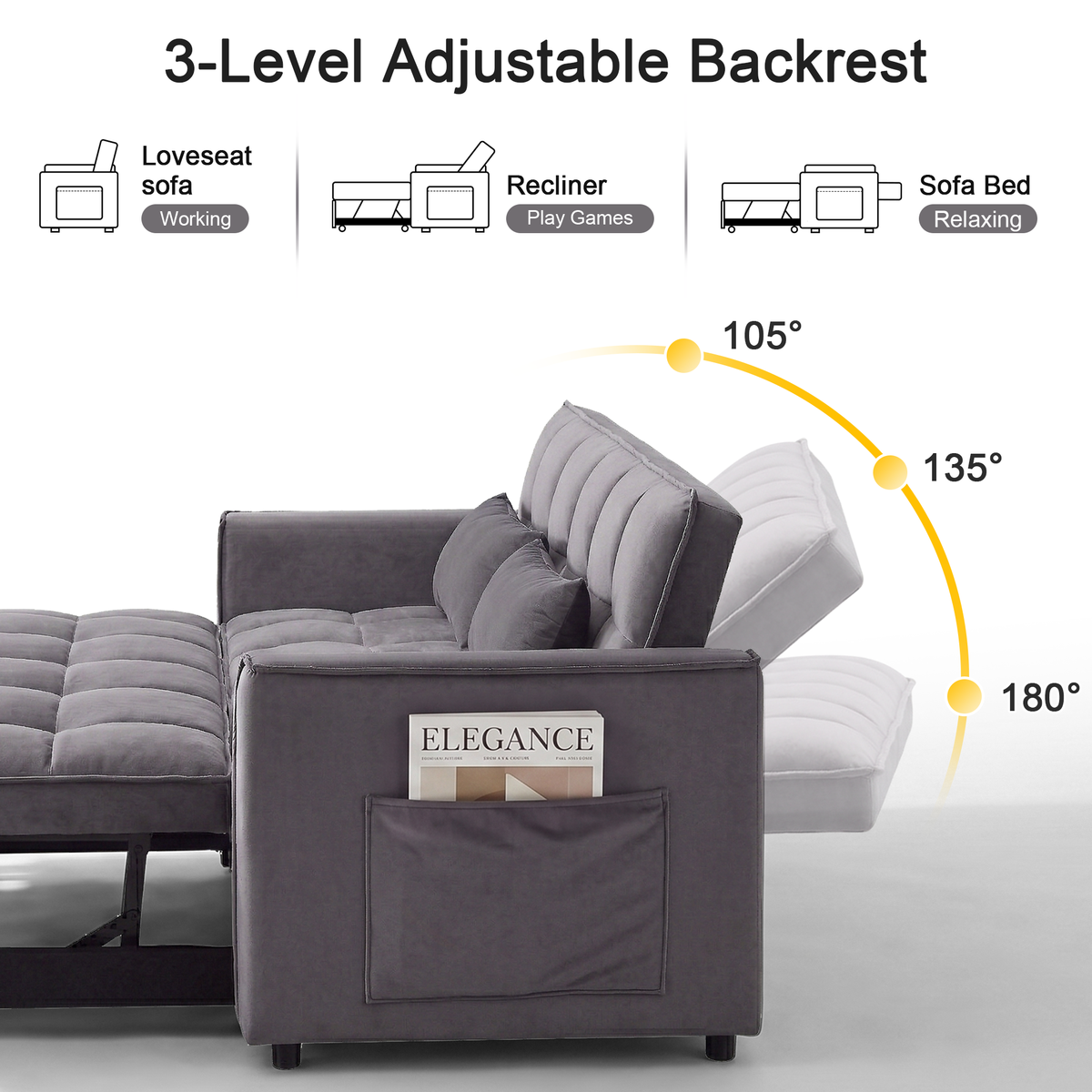 XANDERO 55" Velvet 3-in-1 Convertible Sleeper Sofa,Grey