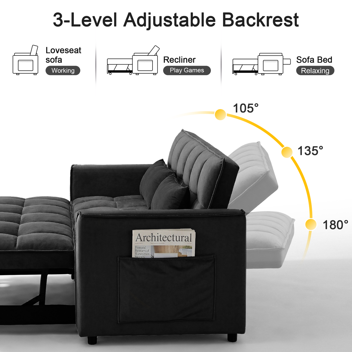 XANDERO 55" Velvet 3-in-1 Convertible Sleeper Sofa, Black