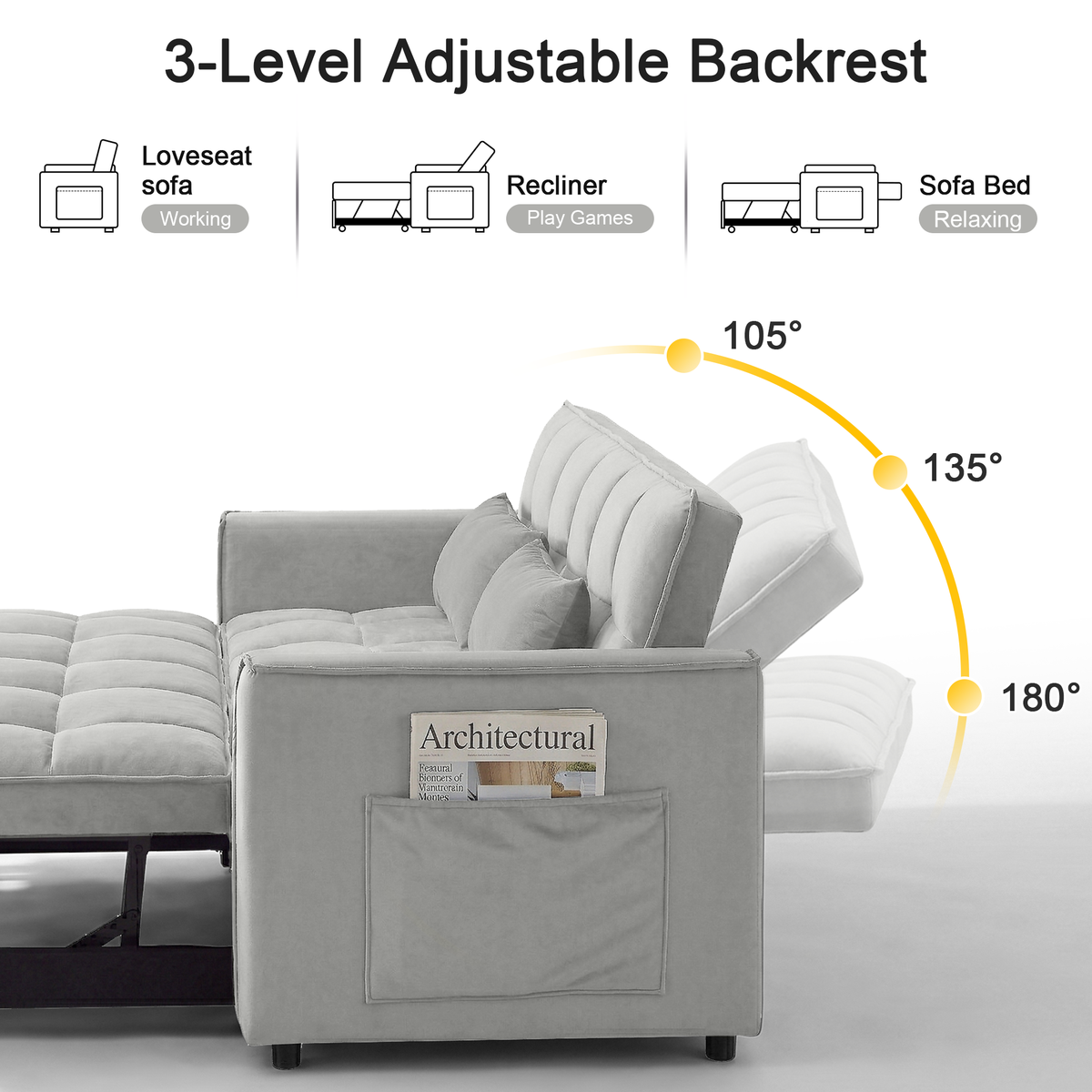 XANDERO 55" Velvet 3-in-1 Convertible Sleeper Sofa,Light Grey