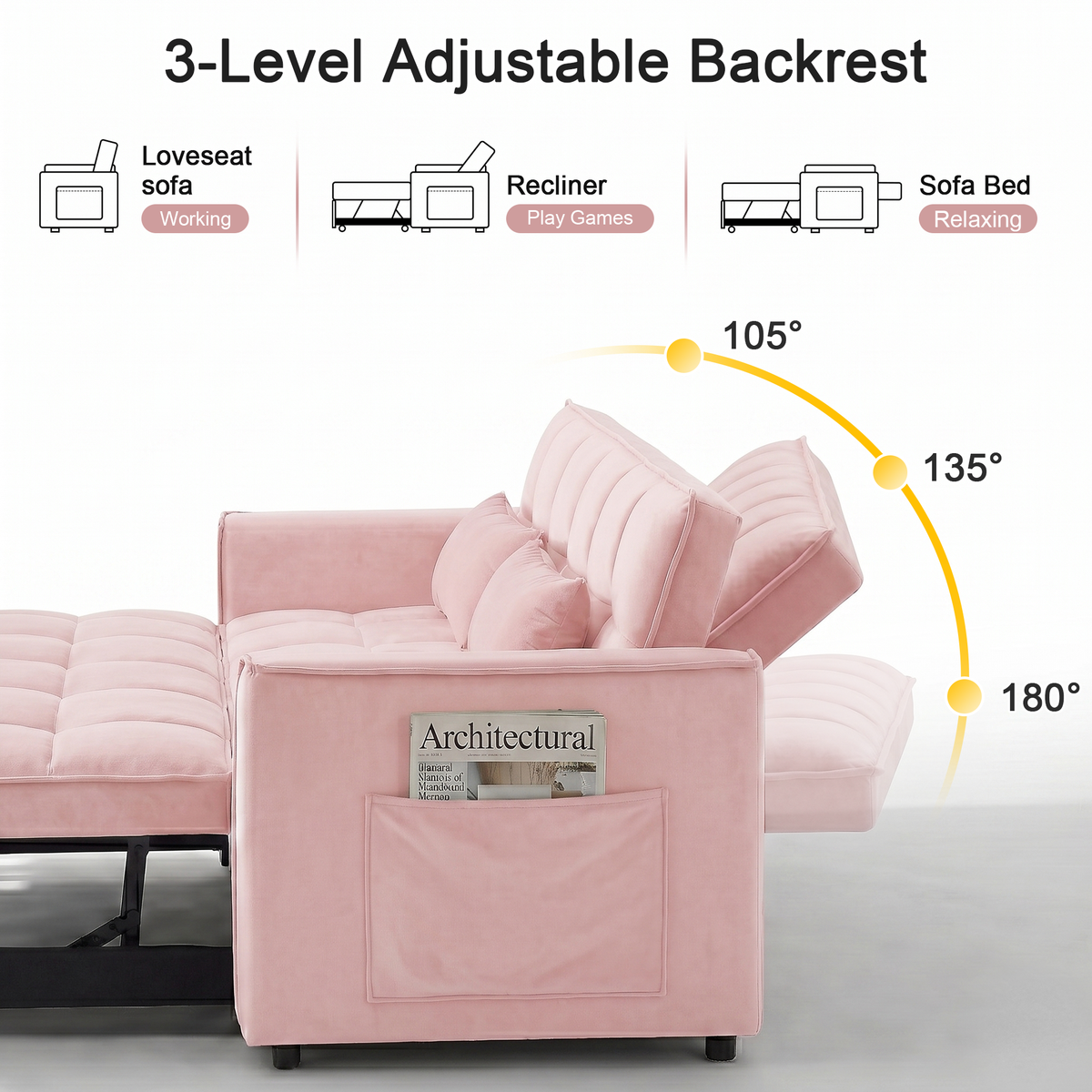 XANDERO 55" Velvet 3-in-1 Convertible Sleeper Sofa, Pink
