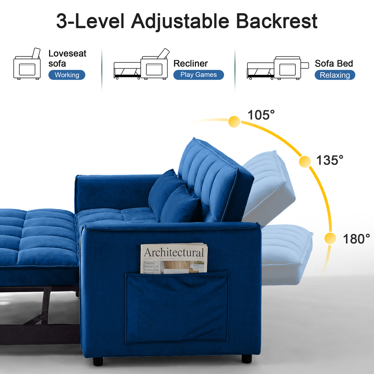XANDERO 55" Velvet 3-in-1 Convertible Sleeper Sofa, Blue