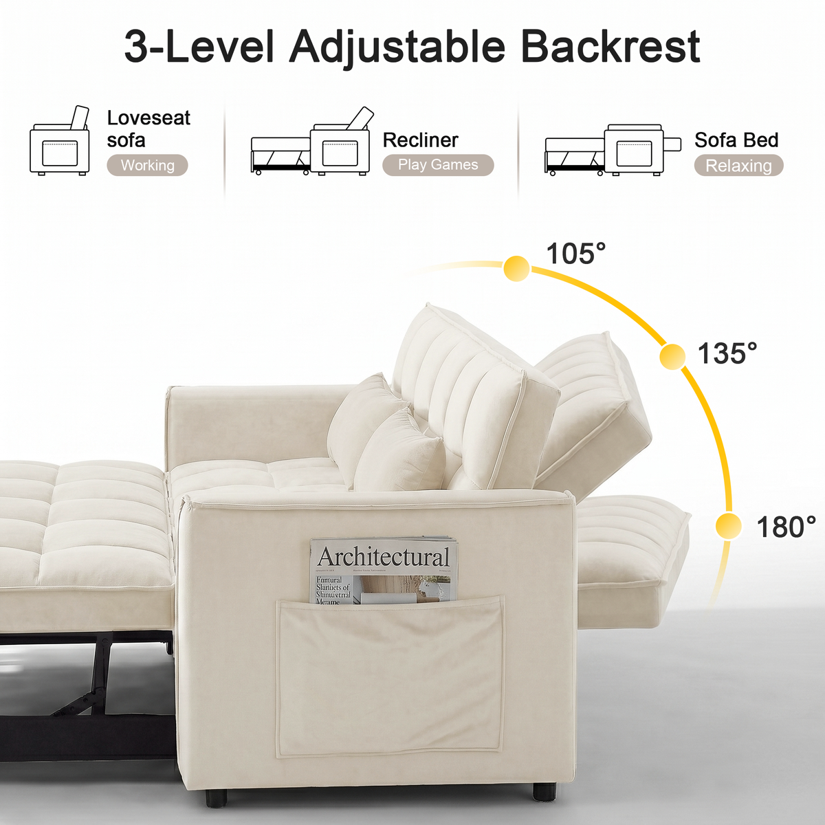 XANDERO 55" Velvet 3-in-1 Convertible Sleeper Sofa, Beige