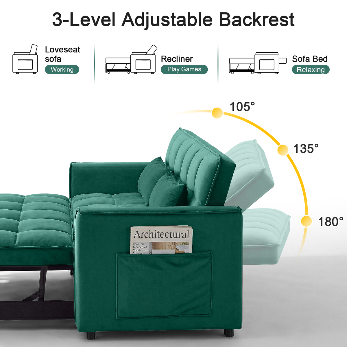 XANDERO 55" Velvet 3-in-1 Convertible Sleeper Sofa, Green