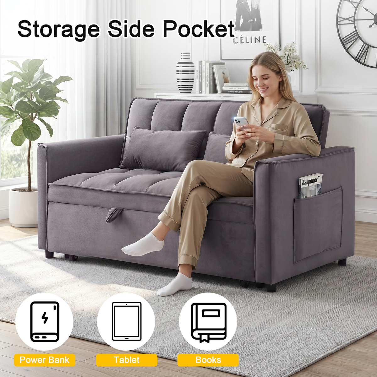 XANDERO 55" Velvet 3-in-1 Convertible Sleeper Sofa,Grey