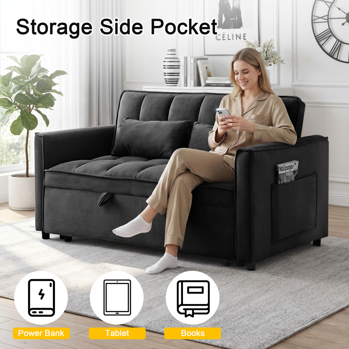 XANDERO 55" Velvet 3-in-1 Convertible Sleeper Sofa, Black