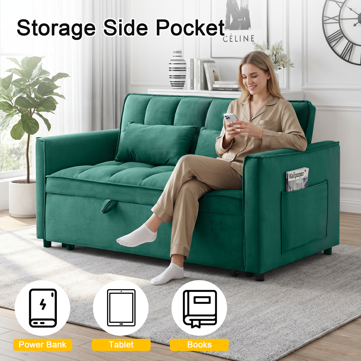 XANDERO 55" Velvet 3-in-1 Convertible Sleeper Sofa, Green