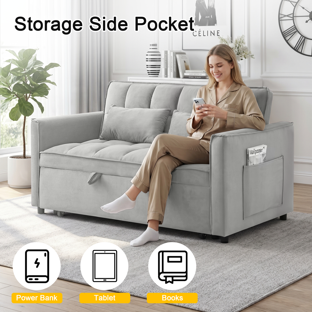 XANDERO 55" Velvet 3-in-1 Convertible Sleeper Sofa,Light Grey