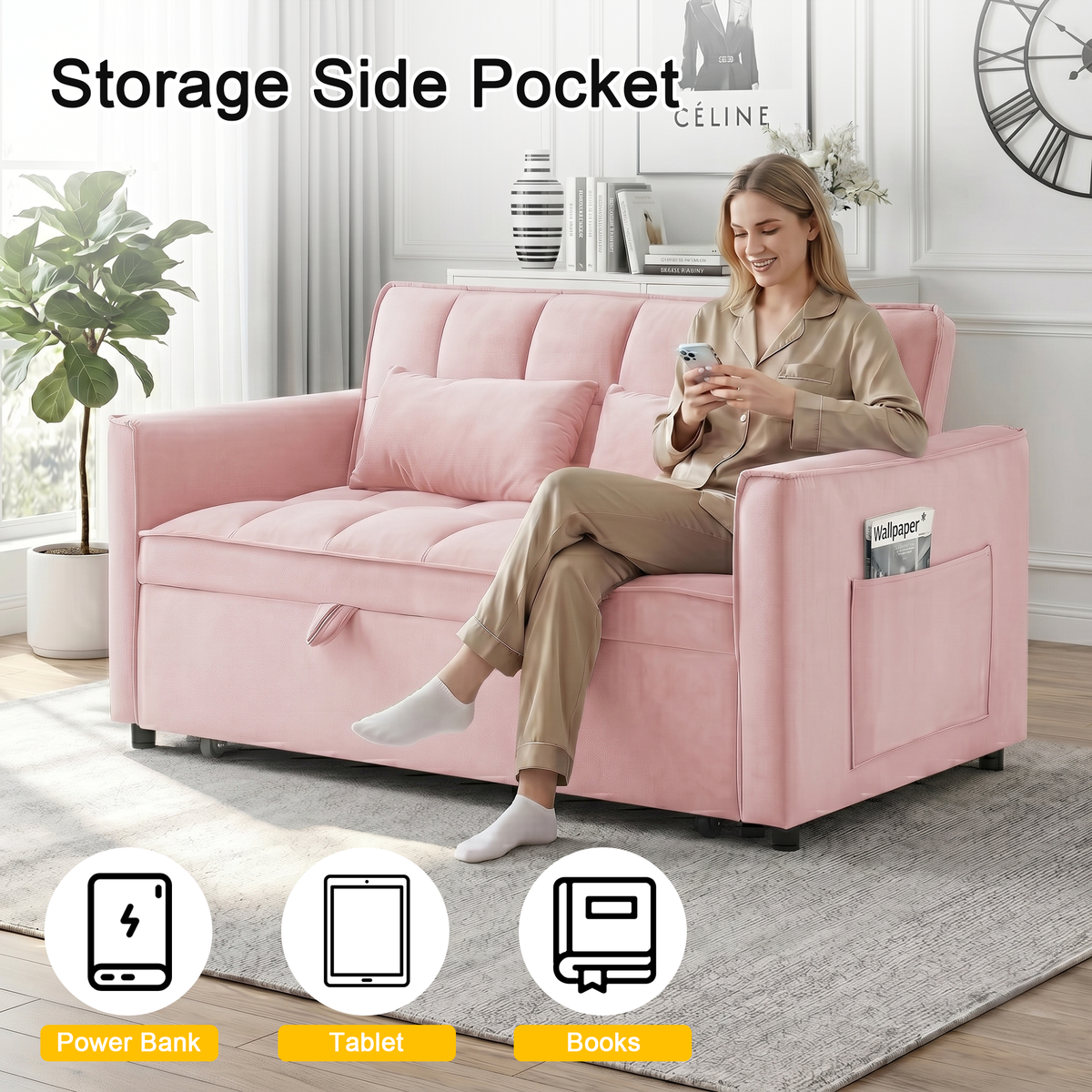 XANDERO 55" Velvet 3-in-1 Convertible Sleeper Sofa, Pink
