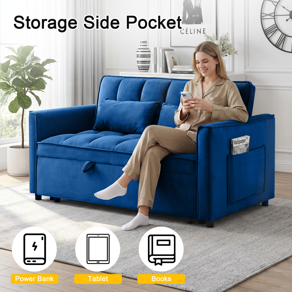 XANDERO 55" Velvet 3-in-1 Convertible Sleeper Sofa, Blue