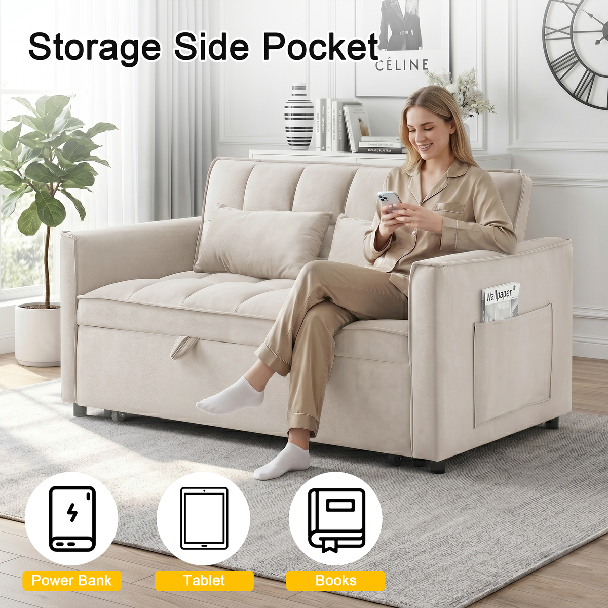 XANDERO 55" Velvet 3-in-1 Convertible Sleeper Sofa, Beige