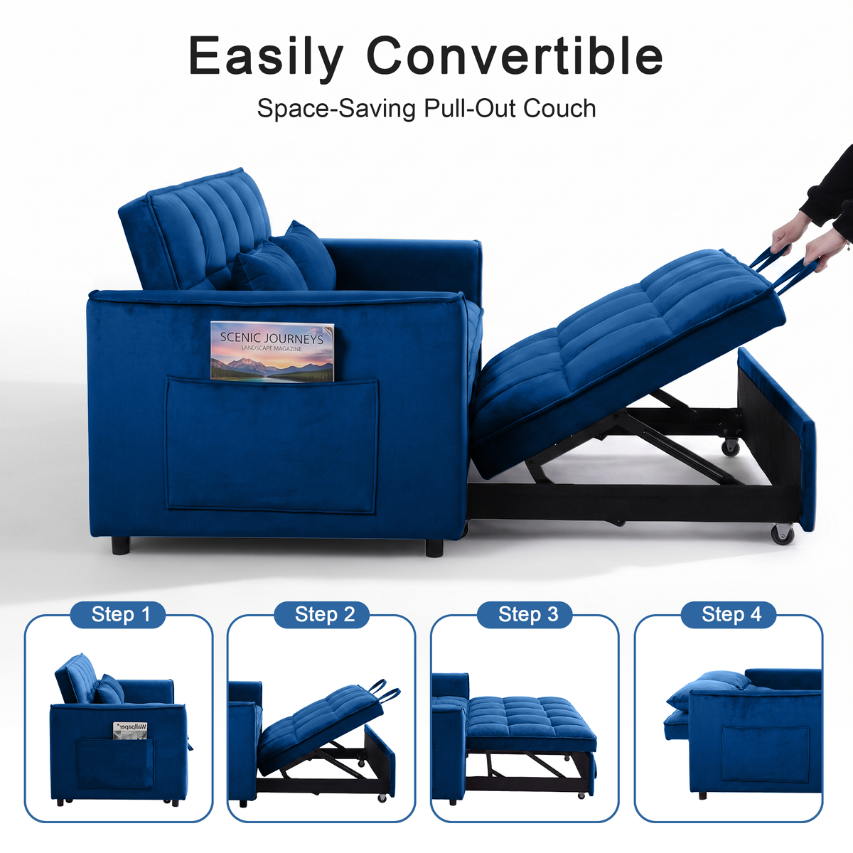 XANDERO 55" Velvet 3-in-1 Convertible Sleeper Sofa, Blue