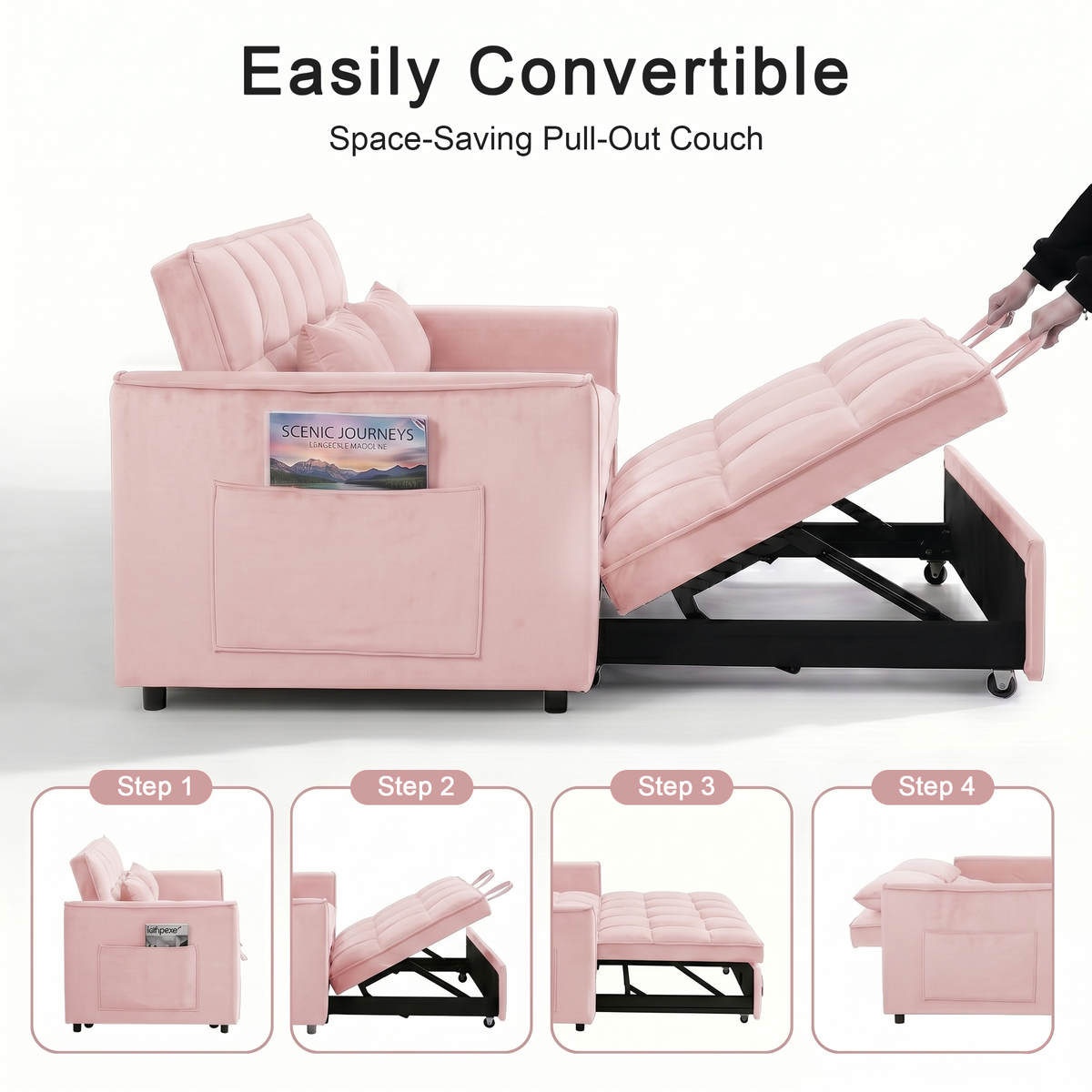 XANDERO 55" Velvet 3-in-1 Convertible Sleeper Sofa, Pink