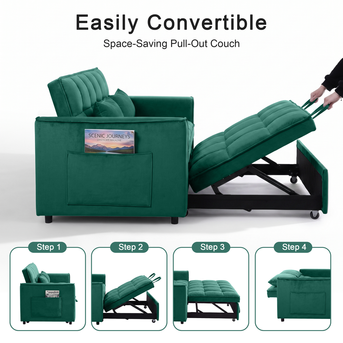 XANDERO 55" Velvet 3-in-1 Convertible Sleeper Sofa, Green