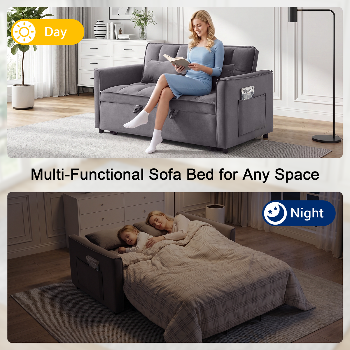 XANDERO 55" Velvet 3-in-1 Convertible Sleeper Sofa,Grey