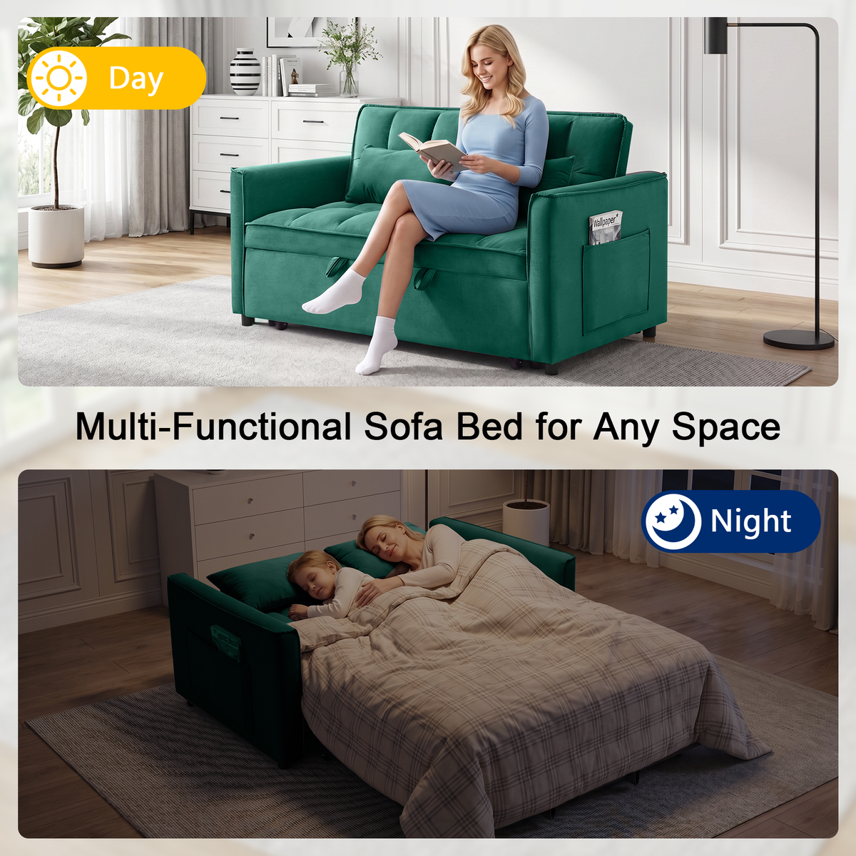 XANDERO 55" Velvet 3-in-1 Convertible Sleeper Sofa, Green
